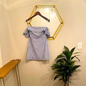 Blue and white striped strapless mini dress